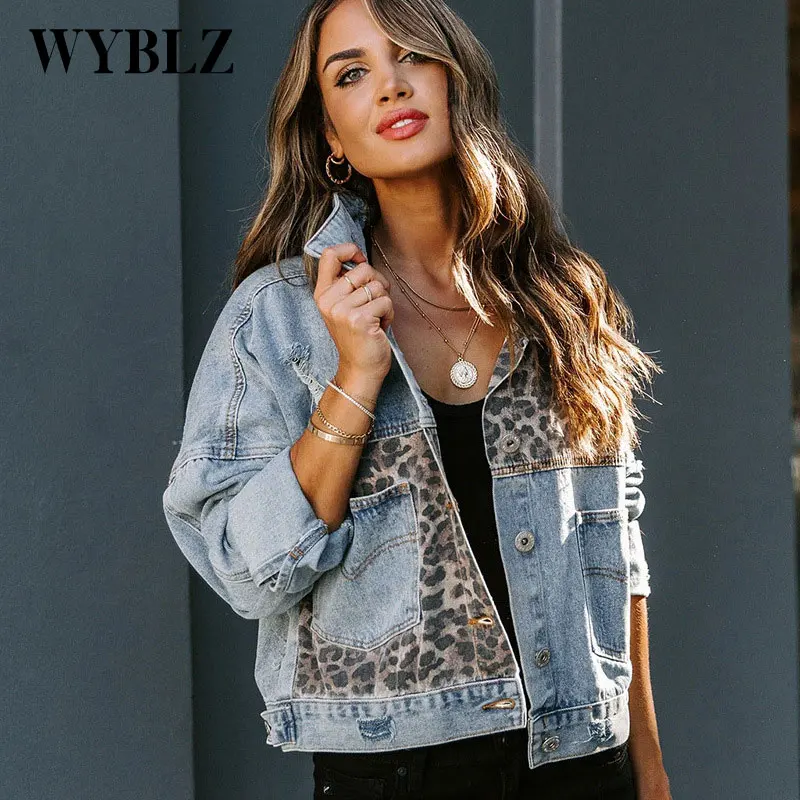 Fashion Contrast Leopard Jeans Jacket Women Elegant Turn-down Collar Metal Buttoned Cardigan Coats Long Sleeve Denim Jacket New