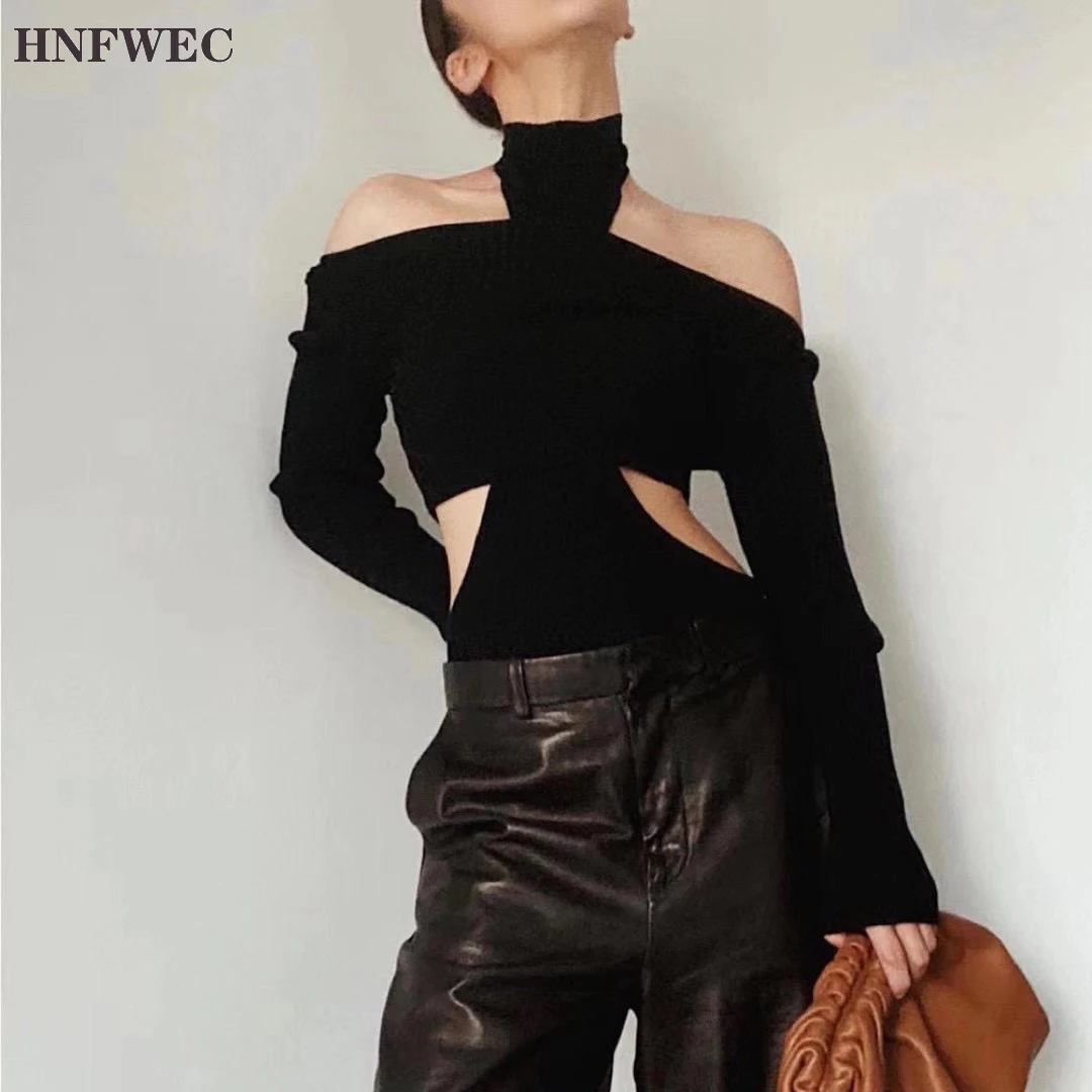

Off Shoulder Two Pieces Knitwear Black Long Sleeve Hollow Out Waist Slim Fit Base Turtleneck Tops V532
