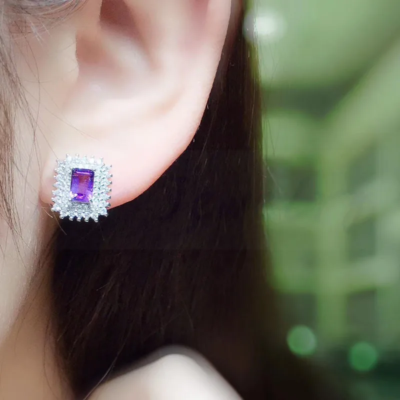 Природный натуральный аметист блестящие серьги-гвоздики 925 серебро 0.6ct* 2шт драгоценный камень для мужчин или женщин# R98501
