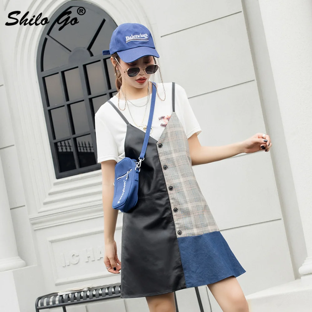 Genuine Leather Dress Highstreet Color Block Cut-and-Sew Grid Panel Button Front Women Strap Ruffles Hem Sheepskin Dresses