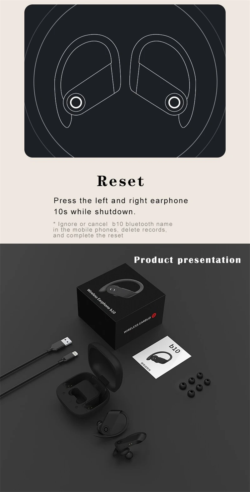 B10 Bluetooth 5,0 беспроводные наушники для зарядки, спортивные наушники с Ушными крючками, настоящие беспроводные наушники для iOS Android