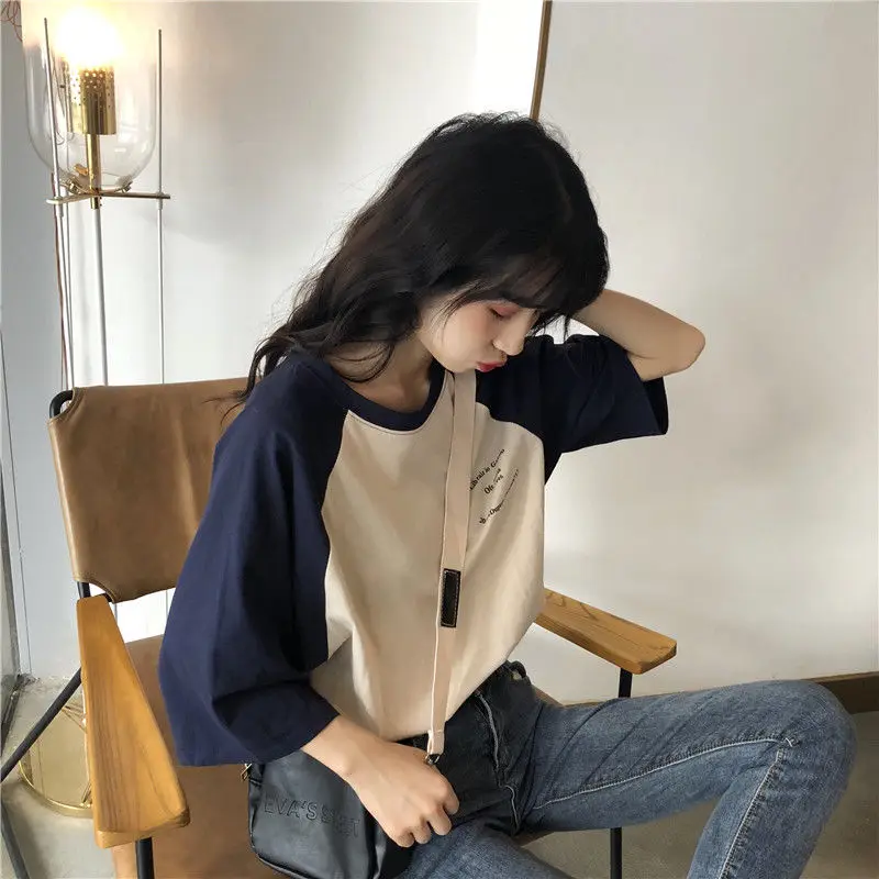 Women 5 Quarter Short Raglan Sleeve T-shirts Casual Patchwork Loose PopularO-neck Lazy Korean Style Simple Vintage584_voghion.com