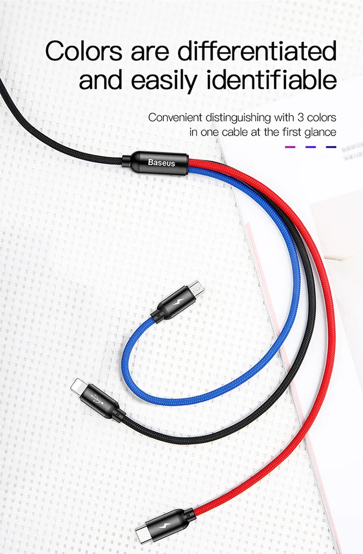 Кабель для мобильного телефона BASEUS, 3 в 1, кабель Micro USB, кабель usb type-C, кабель type-C для зарядки samsung, Xiaomi, USB, шнур для освещения