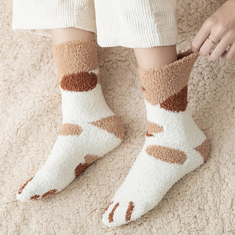 Милые толстые корейские теплые носки-тапочки с когтями для сна из кораллового флиса теплые зимние женские носки