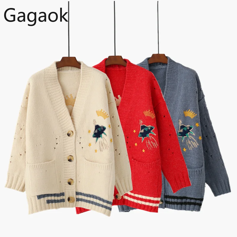 Gagaok Women Knitted V-Neck Retro Sweater Autumn Winter New Cartoon Embroidery Loose Hole Sweet Female Korean Style Cardigans