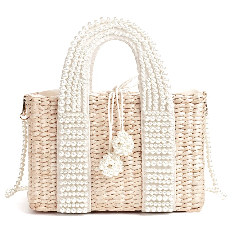 Bali Vacation Women Bag with Pearl Hand Bags Ladies Large Straw Basket Tote Crossbody Messenger for |