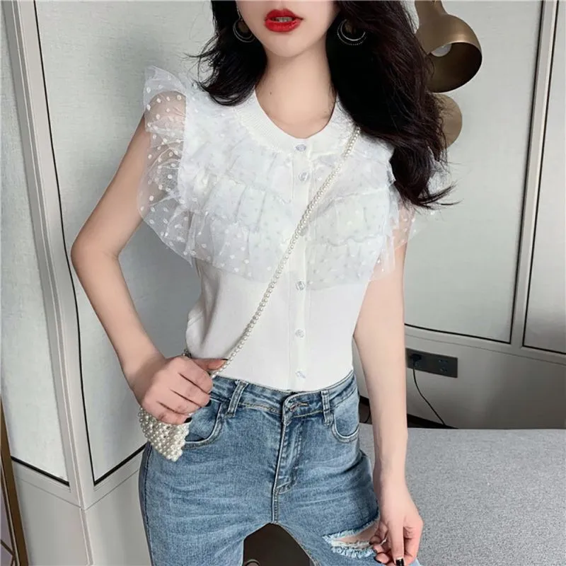 Ruffled Mesh Gauze Stitching Women T-Shirts Sleeveless Slim Stretch Lace Design Solid Print Casual Tops