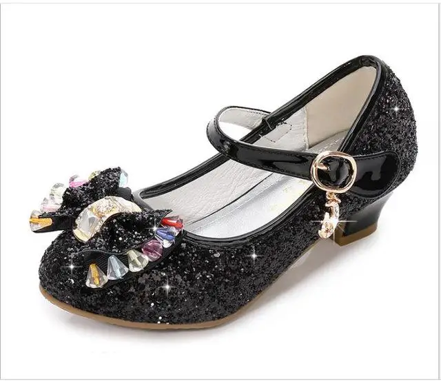 Детская кожаная обувь принцессы для девочек; Повседневная блестящая детская обувь на высоком каблуке с бантом-бабочкой; цвет синий, розовый, серебристый - Цвет: Black