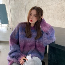 

Harajuku Purple Gradient Knitted Sweater Women Loose Autumn Winter Thick Warm Long Sleeved Mid Length Pullover Youth Fashion Top