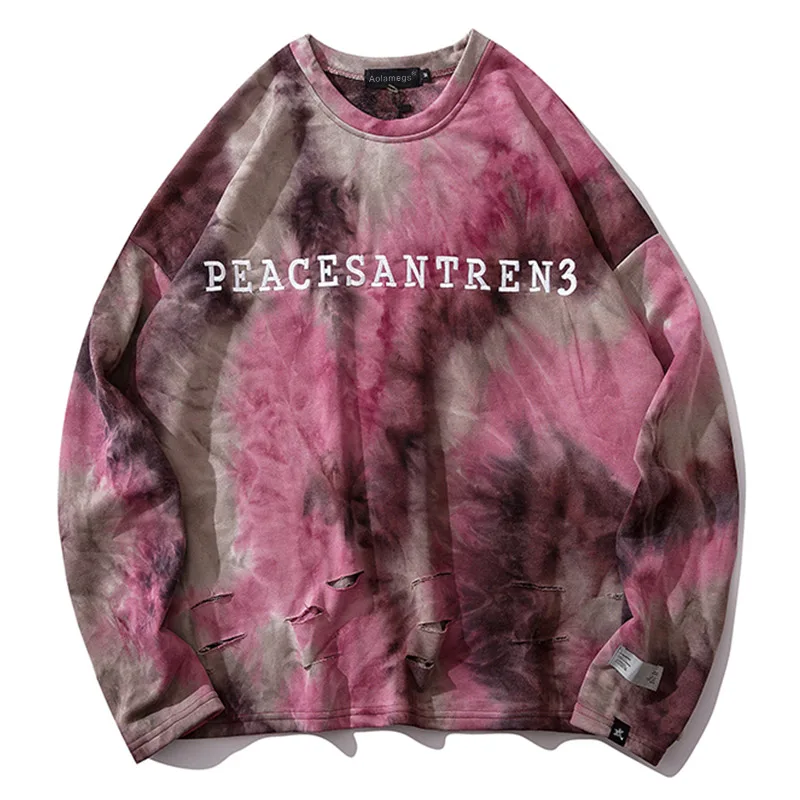 Pink Aolamegs толстовка мужская Акварельная РЕТРО ПРИНТ Мужской пуловер Harajuku сломанный спортивный костюм с порезами хип хоп обычная, высокая, на выход уличная одежда - Цвет: Pink