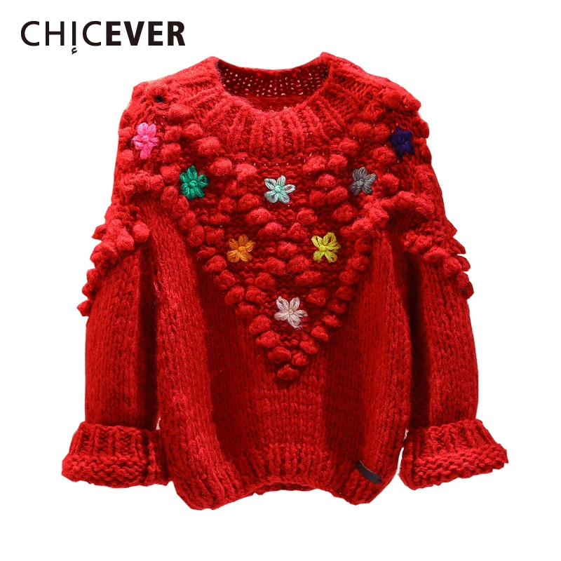 CHICEVER корейский вязаный свитер с цветами для женщин круглый вырез длинный рукав