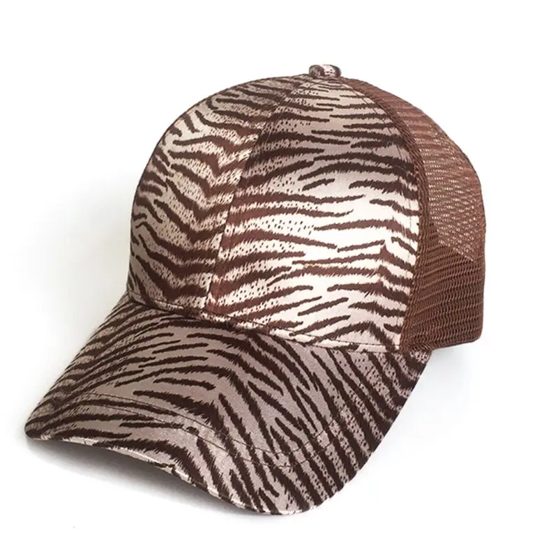 Women Ladies Summer Mesh Back Messy High Bun Ponytail Baseball Cap Vintage Leopard Zebra-Stripes Adjustable Snapback Trucker Hat