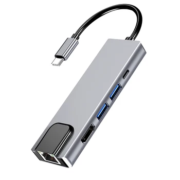 

5 In 1 U Disk Type C Hub Gigabit Ethernet USB 3.0 Universal Plug And Play HDMI 4K Adapter Aluminum Alloy Rj45 Lan For MacBook