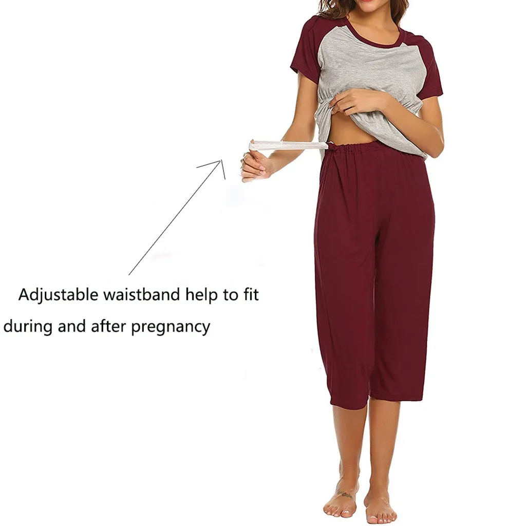 Maternity maternity short-sleeved solid color stitching breastfeeding top T-shirt+4/3 pants suit костюм для беременных 40