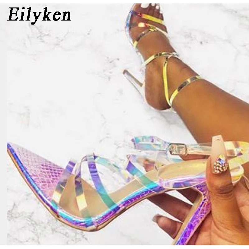 

Eilyken PVC Transparent Ankle Buckle Strap Serpentine Pointed Toe Sandals Female High Heels Sandalia Feminina Shoes Size 41 42