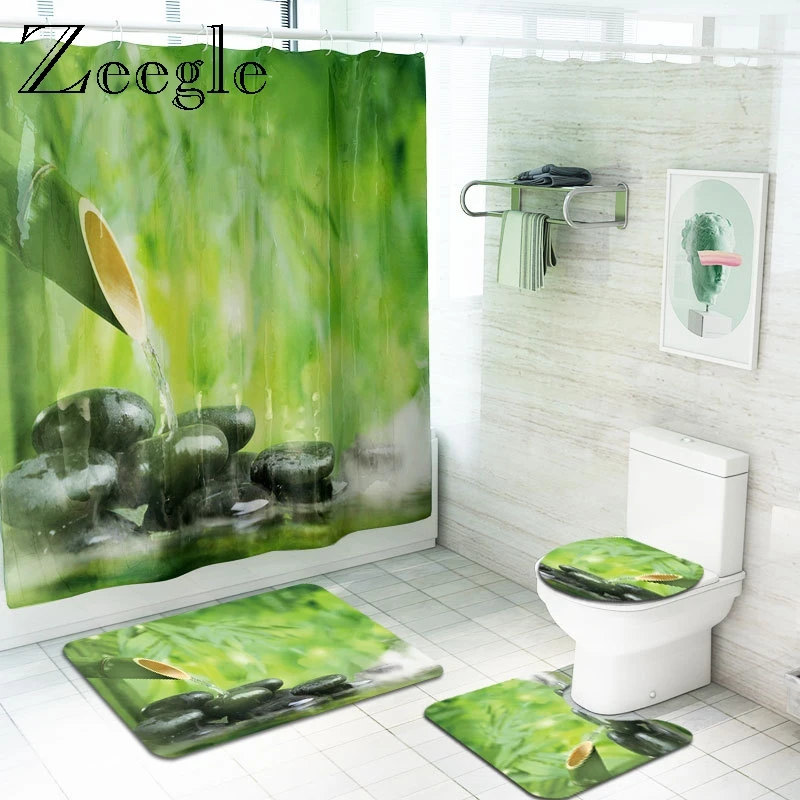 Zeegle Waterproof Curtain Column Printed Bath Mat Set Toilet Cover Seat Mat Flannel Soft Toilet Pedestal Rug Non-slip Shower Mat