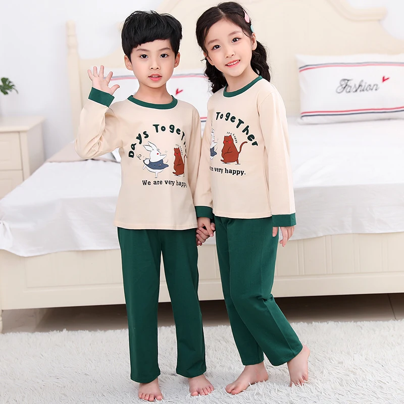 100 cotton pajamas for kids Baby Boys Sleepwear sets autumn Girls Long Sleeve Cartoon Pyjamas Children's home Clothes 3-13T