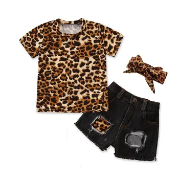 

3pcs Girls Set Leopard Suits Short Sleeve Tops+Denim Hole Shorts+Headband Kids Girls Clothing Set