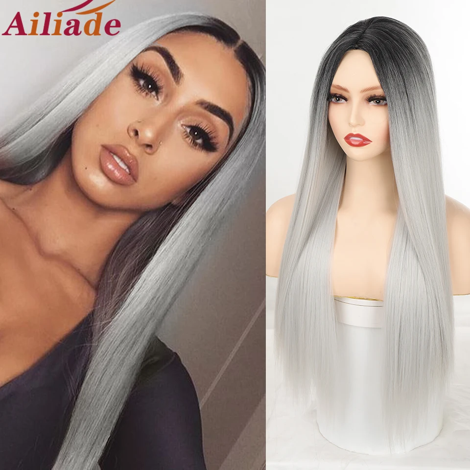 

AILIADE Long Straight Middle Part Wig Black Grey Blue Heat Resistant Synthetic Hair For Women Cosplay Party Lolita Hair Wigs