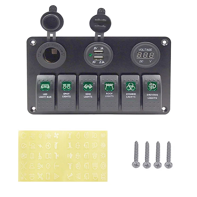 8 тумблер 12~ 24V двойной USB разъем питания+ Вольтметр+ розетка для сигареты автоматический выключатель автомобиля Лодка кулисный переключатель панель - Цвет: Green Lights 6 Gang