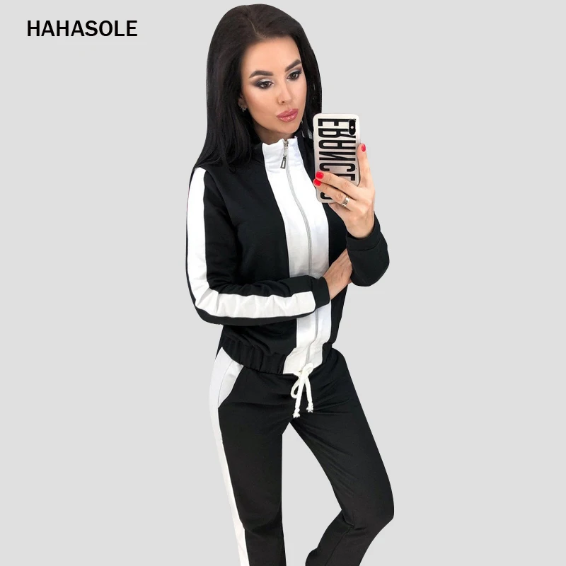 

HAHASOLE Sportswear Patchwork Zipper Sport Suit for Women Quick Dry Elastic Drawstring Slim Pants Gym Running Yoga Set WD12151-2