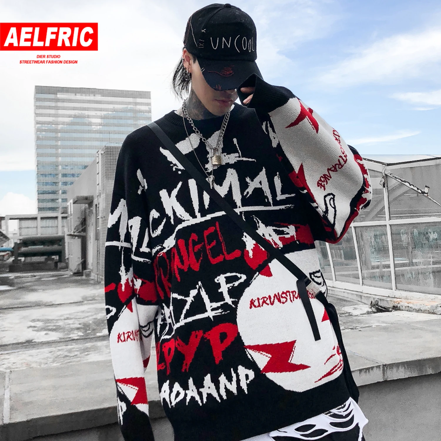 AELFRIC хип-хоп Письмо Граффити трикотажный пуловер для мужчин Harajuku уличная осенне-зимняя мода Повседневный мужской свитер верхняя одежда
