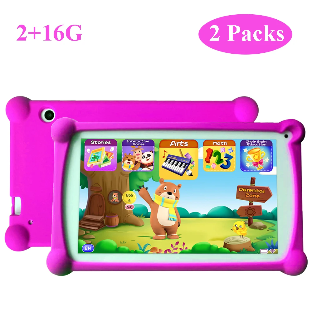 Kids Tablet, B.B.PAW 7 Inch HD Display 2+16G Android 6.0 Tablet for Adults&Kids, 120+ English Learning Preloaded Apps-2 Packs