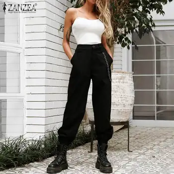 

Women Overalls Pants ZANZEA 2020 Ladies Solid Long Trousers High Waist Elastic Waist Pockets Bottoms Streetwear Pantalones Mujer