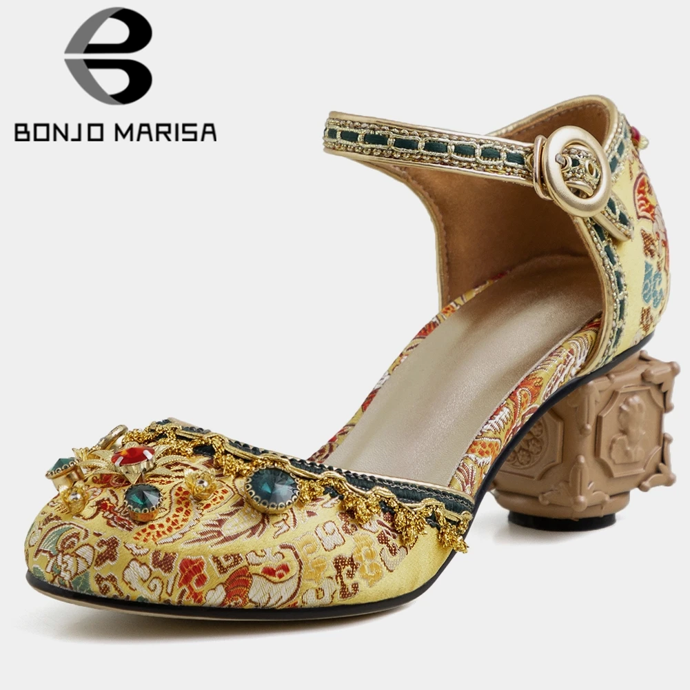 

BONJOMARISA New Ladies Brand Design Colorful Sandals Summer Fashion Decorating Sandals Women 2020 High Strange Heel Shoes Woman