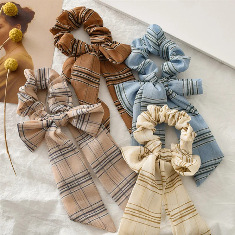 

2021 Sweet Cute Grid Dots Elastic Hair Bands Streamer Floral For Women Girls Korean Bow Ponytail Holder For Hair Tie Accessories