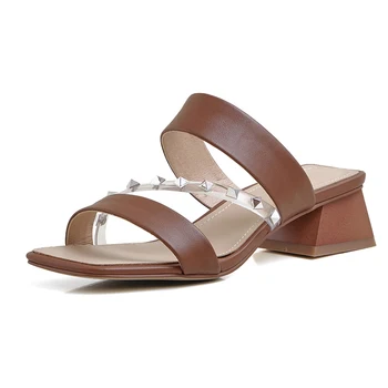 

2020 New Low Heels Party Basic Casual Shoes Woman slippers buckle rivets Slip on Women Sandals Genuine Leather shoes