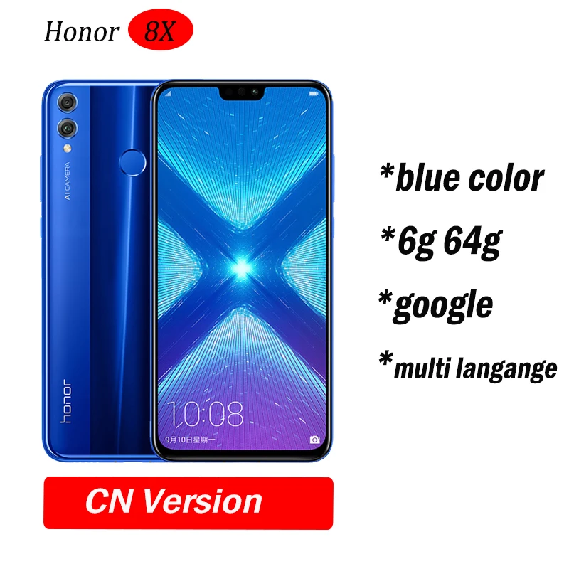 6g64 Blue Глобальный Встроенная память Huawe Honor 8X6,5 ''полный экран ОТА обновление смартфон не 8x max мобильного телефона Android 8,1 Восьмиядерный отпечаток пальца ID - Цвет: 6g64 Blue