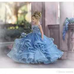 Fluffy Organza Flower Girls Dresses Ball Gown Straps Top Big Skirt First Communion Dress Princess Pageant Prom Gown