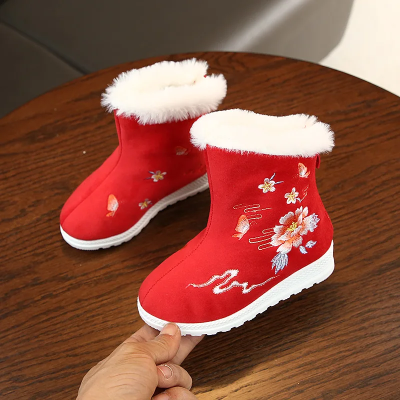 Зимняя детская обувь для девочек; тканевые ботинки с вышивкой; короткие ботинки для маленьких девочек; сохраняющие тепло Нескользящие безопасные ботинки для детей; ST031