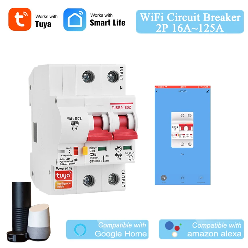 2P WiFi Intelligent Circuit Breaker Air Switch Automatic Switch Overload Short Circuit Protector Household Power Switch SmartMCB