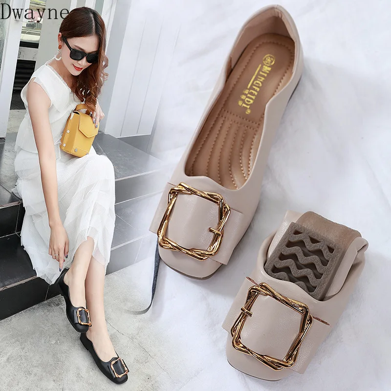Flat Single Shoes Square Toe Shallow Mouth Metal Buckle Peas Shoes Soft Comfort Casual Shoes Fashion Oxford Bottom Women's Shoes