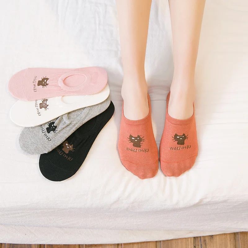 (5 пар) весенне-летние однотонные неглубокие невидимые носки с изображением кота