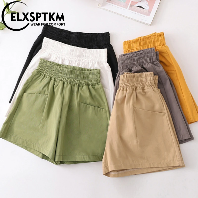 

100% Cotton Elastic Waist Women Soild Color Wide Legs Pocket Shorts Female Casual All-Match S-XXL Slim Short Pants