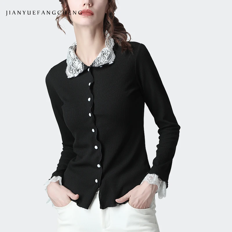 ^*Best Offers Fashion Lace Collar Cardigans Women New Slim Short Black Small Size Sweaters Korean Ladies Autumn Outwear Casual Knitted Coats