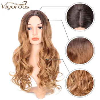 Vigorous Long Ombre Brown Blonde Wavy Wig Natural Hair Part Synthetic Wigs for Women Glueless Cosplay Heat Resistant Party Wig 2