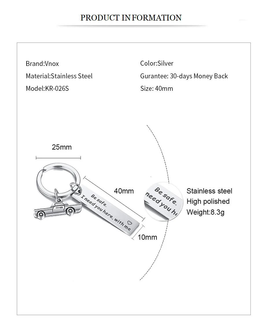 Vnox персонализировать на заказ выгравировать брелок для мужчин ювелирные изделия с приводом безопасный уход напоминание нержавеющая сталь