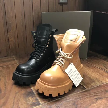 

Leather lace platform boots square toe Martin boots smoke tube boots motorcycle boots short boots net red women's shoes tide