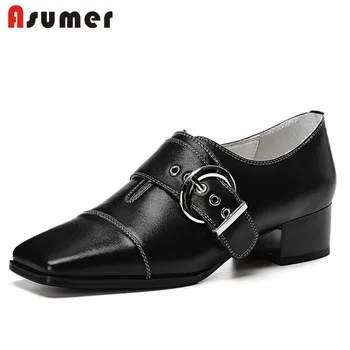 

ASUMER 2020 top quality genuine leather shoes women pumps square toe buckle punk casual shoes spring summer single shoes female