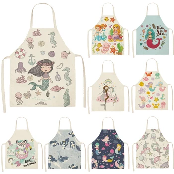 

Cute Mermaid Printed Sleeveless Chef Aprons Kitchen Women Cotton Linen Pinafore Home Cooking Baking Waist Bib 53*65cm