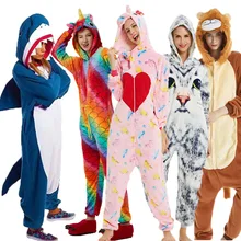 Пижамы для взрослых с рисунками животных; пижамы с единорогом; пижамы с акулой; Kigurumi Unicornio для женщин и мужчин; теплые зимние фланелевые пижамы с капюшоном