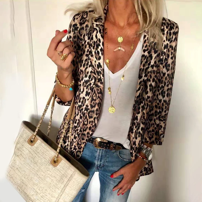 

Women Long Sleeve Cardigans Leopard Print Coat Open Front Jackets Outwear V-neck Lapel Trench Coats