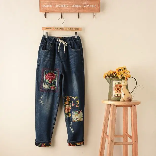 

Floral Patch Work Womens Jeans Large Size Casual Pants Retro Elastic High Waist With Drawstring jeans for Women