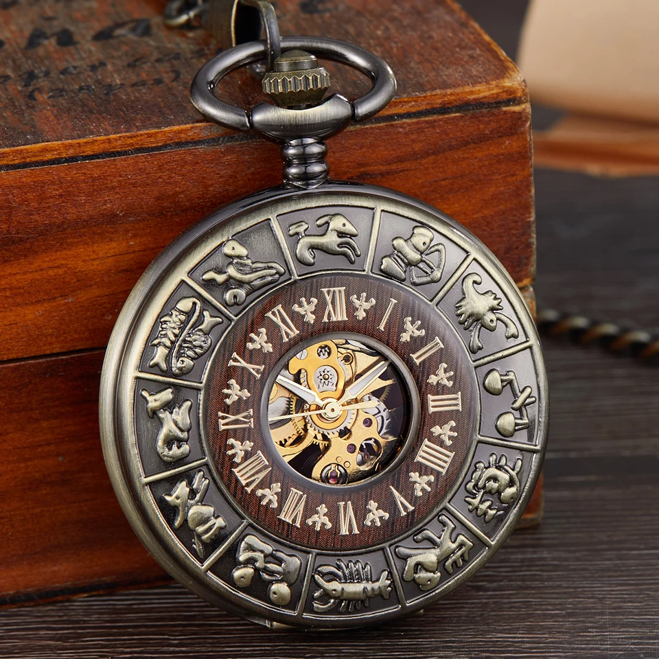 Двенадцать китайских знаков зодиака Механические карманные часы псевдо-антиквариат знаки полые Античная римскими цифрами рука ветер Для