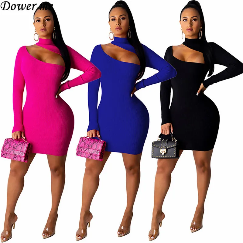 

Dower Me Sexy Hollow Out Turtleneck Women Dress Full Sleeve Solid Fall 2019 Above Knee Club Bodycon Dresses NZ127
