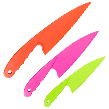 

3 Pcs Cake Kitchen Knife Set Kids Cooking Serving Knives 3 Colors BPA Free Plastic Cake Bread Lettuce Salad Safe Knife Tools